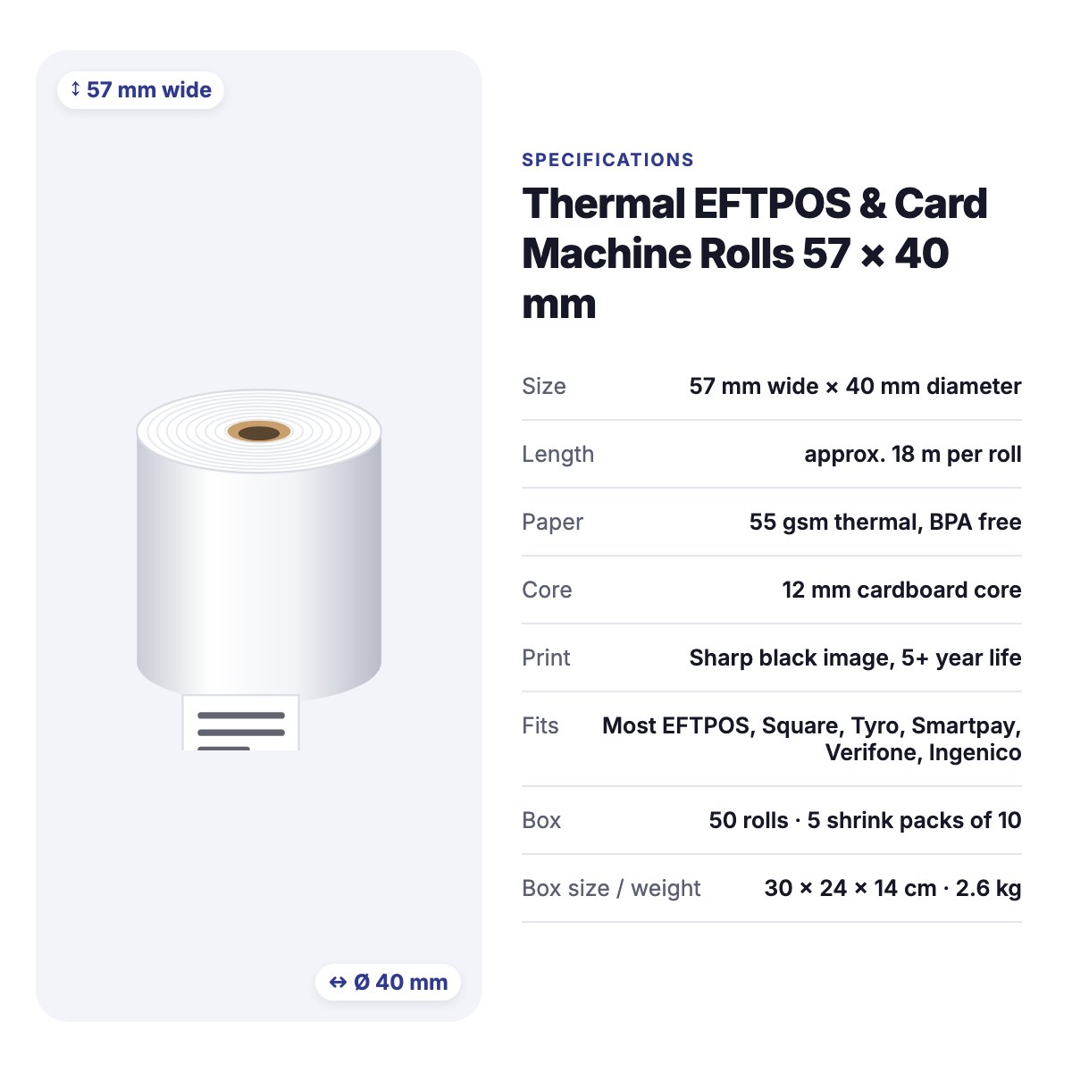 Thermal EFTPOS & Card Machine Rolls 57 × 40 mm – Box of 50 – 57 mm thermal rolls, 79 mm thermal rolls for cafés & restaurants (photo 4)