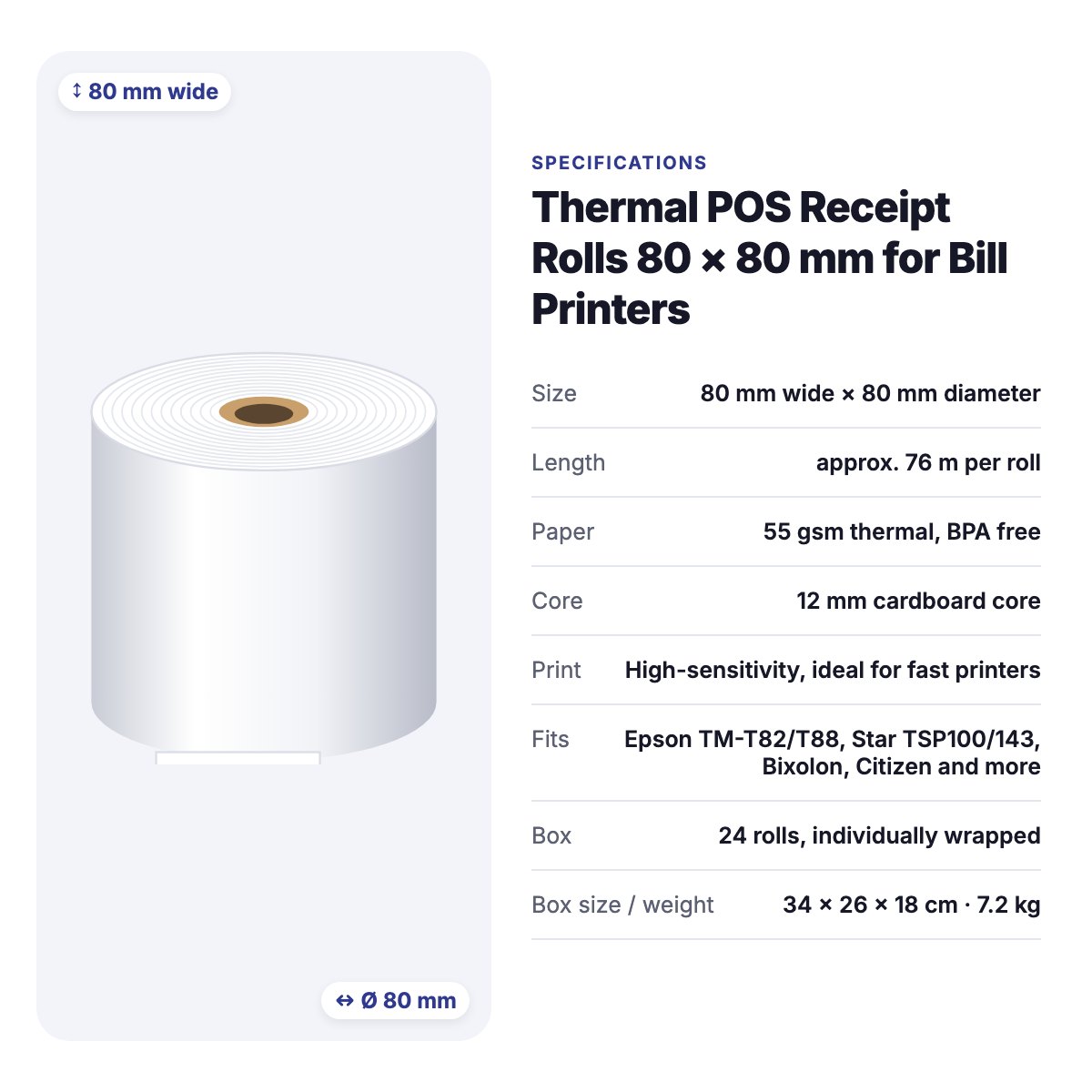 Thermal POS Receipt Rolls 80 × 80 mm for Bill Printers – Box of 24 – POS rolls, receipt rolls for cafés & restaurants (photo 4)