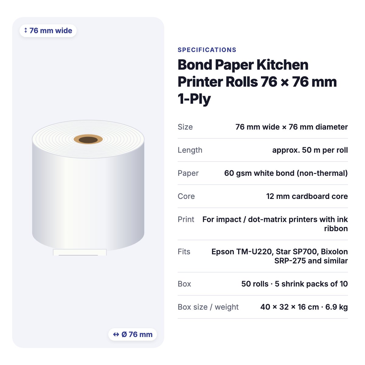Bond Paper Kitchen Printer Rolls 76 × 76 mm 1-Ply – Box of 50 – thermal paper rolls, billing rolls for cafés & restaurants (photo 4)
