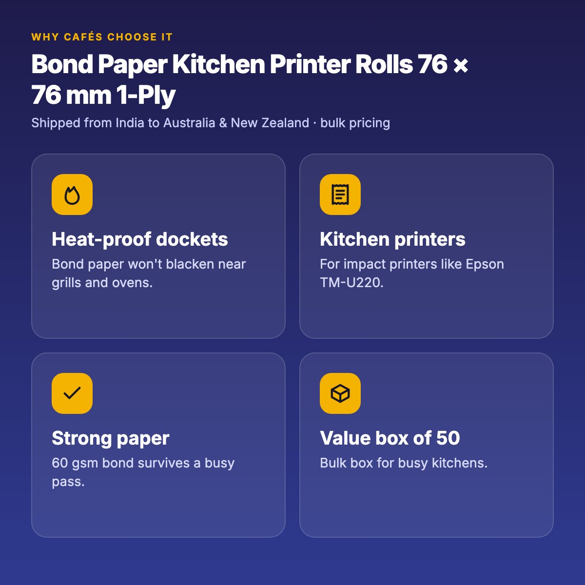 Bond Paper Kitchen Printer Rolls 76 × 76 mm 1-Ply – Box of 50 – thermal paper rolls, billing rolls for cafés & restaurants (photo 5)