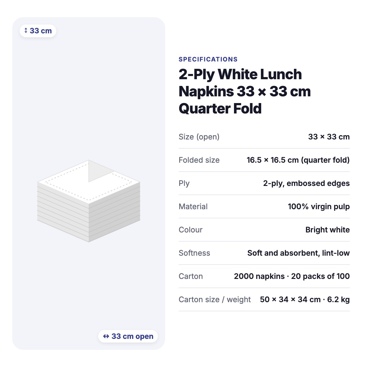 2-Ply White Lunch Napkins 33 × 33 cm Quarter Fold – Carton of 2000 – lunch napkins, paper napkins for cafés & restaurants (photo 4)