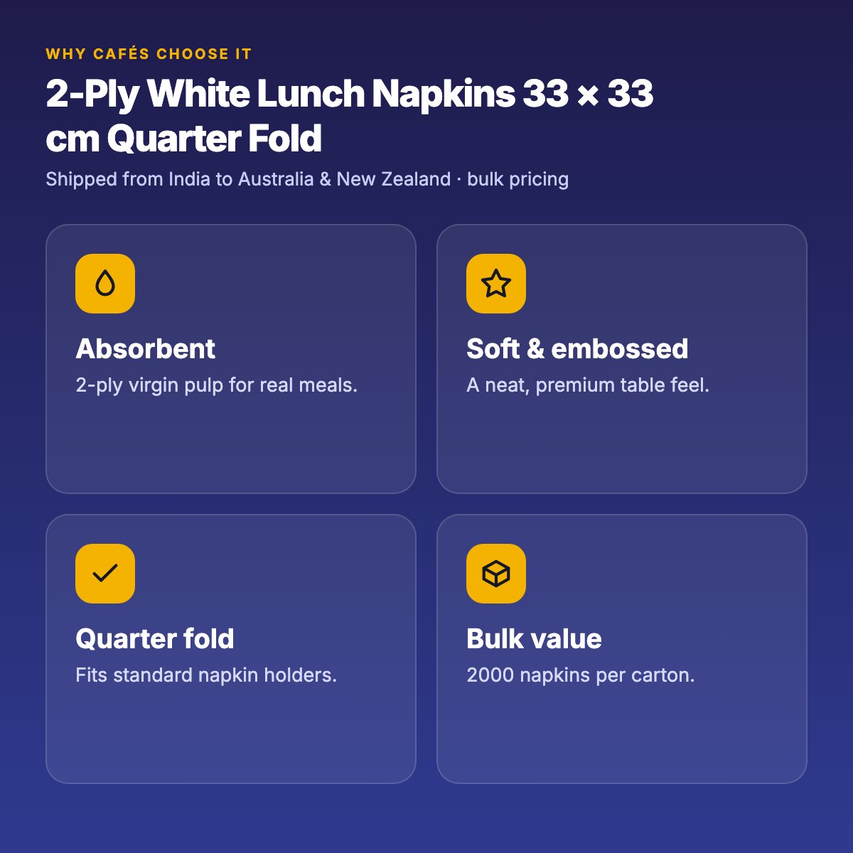 2-Ply White Lunch Napkins 33 × 33 cm Quarter Fold – Carton of 2000 – lunch napkins, paper napkins for cafés & restaurants (photo 5)