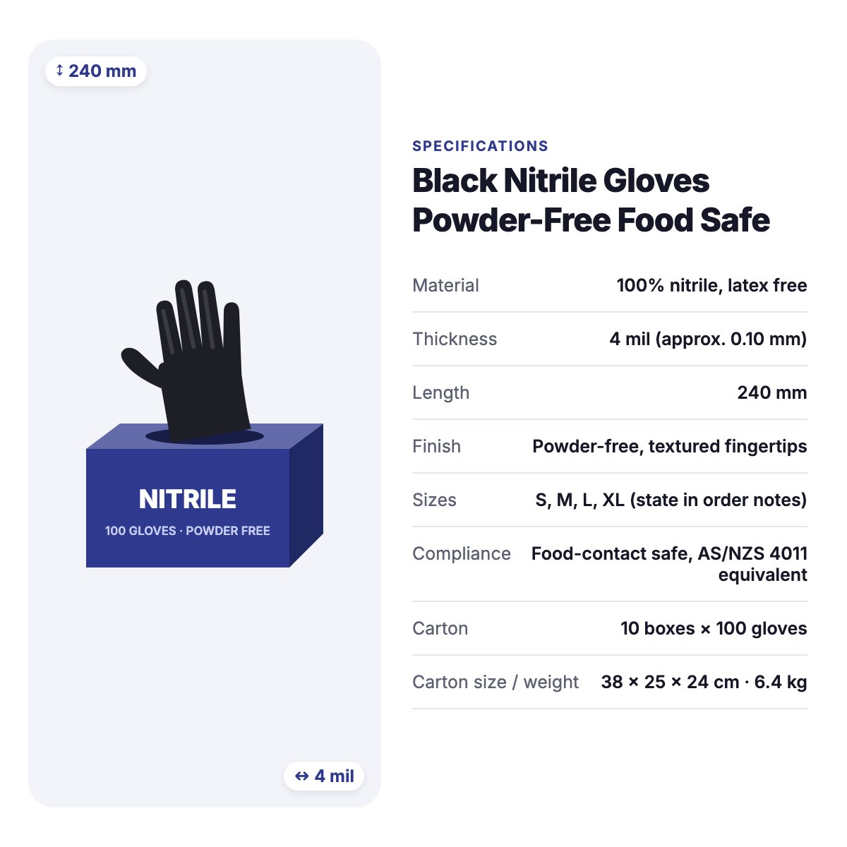 Black Nitrile Gloves Powder-Free Food Safe – Carton of 1000 (10 × 100) – food labels, butter paper for cafés & restaurants (photo 3)