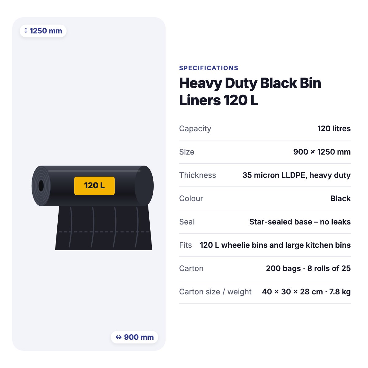 Heavy Duty Black Bin Liners 120 L – Carton of 200 (8 Rolls × 25) – disposable gloves, nitrile gloves for cafés & restaurants (photo 4)